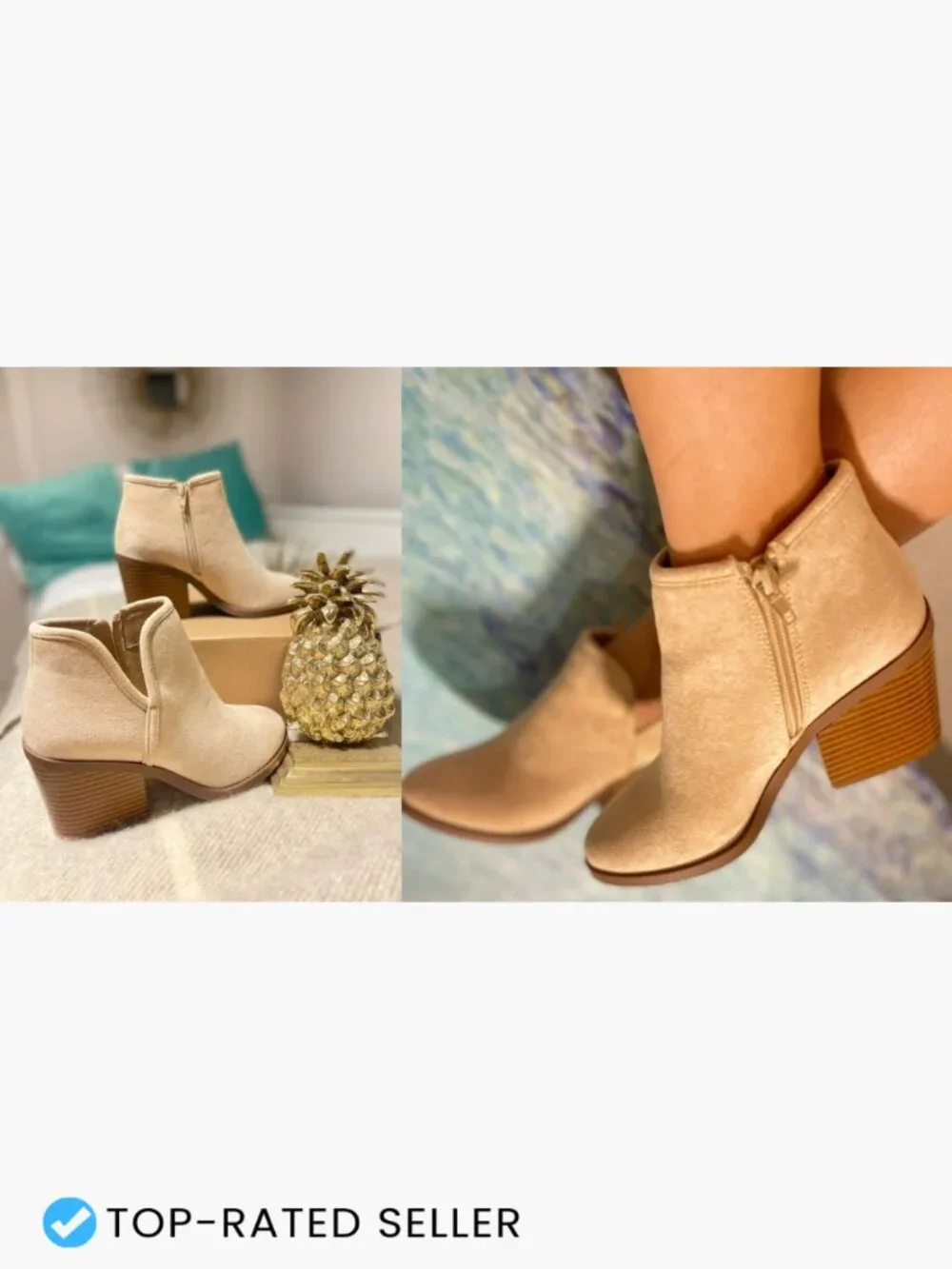 Chunky Stacked Heel Ankle Booties Faux Suede Slip On Side Zipper Casual Western